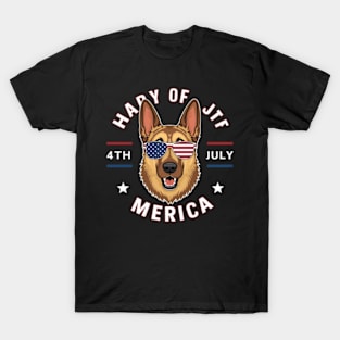 A cartoon German Shepherd in American flag colors has an American flag-colored face, wearing American flag-colored sunglasses T-Shirt